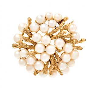 A Brutalist Yellow Gold and Cultured Pearl Cluster Brooch, 12.60 dwts.