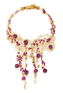 An 18 Karat Yellow Gold, Ruby and Cultured Pearl Bib Necklace, Nikki Feldbaum, 78.00 dwts.