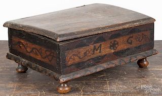 Continental painted Bible box, late 18th c., with tulip decoration, 6'' h., 13'' w.