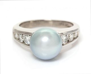 A Platinum, Cultured Pearl and Diamond Ring, 6.20 dwts.