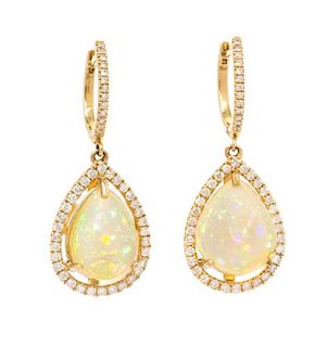 A Pair of Yellow Gold, Opal, and Diamond Pendant Earrings, 4.90 dwts.