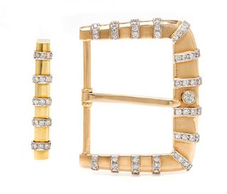 A Platinum, Yellow Gold and Diamond Belt Buckle and Matching Loop, 25.00 dwts.