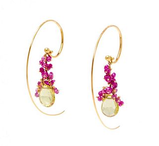 A Pair of Yellow Gold, Ruby and Citrine Earrings, 3.20 dwts.