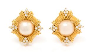 A Pair of Lady's 18 Karat Yellow Gold, Diamond, and Mabe Pearl Earrings