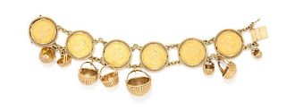 A 14 Karat Yellow Gold Coin and Basket Charm Bracelet, 50.30 dwts.
