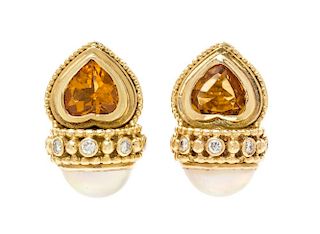 A Pair of Yellow Gold, Citrine, Diamond and Mabe Pearl Earclips, 15.20 dwts.