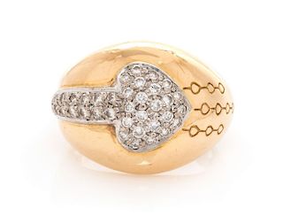 An 18 Karat Bicolor Gold and Diamond Heart Motif Dome Ring, 7.60 dwts.