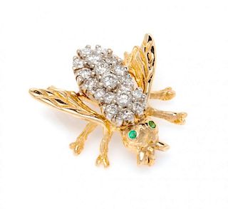 A 14 Karat Bicolor Gold, Diamond and Emerald Bee Brooch, 3.30 dwts.