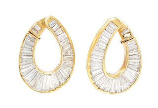 A Pair of 18 Karat Yellow Gold and Diamond Hoop Earrings 9.20 dwts.