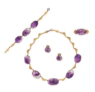 A Collection of 14 Karat Yellow Gold and Carved Amethyst Jewelry, 49.10 dwts.
