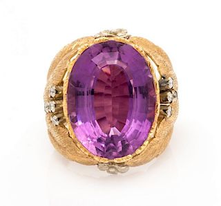 A Bicolor Gold, Amethyst and Diamond Ring, 8.50 dwts.