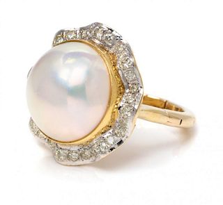 A Yellow and White Gold Mabe Pearl and Diamond Ring, 6.90 dwts.