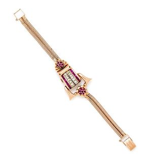 A Retro Rose Gold, Diamond and Ruby Surprise Wristwatch, Kingston, 22.00 dwts.