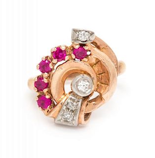 A Retro Rose Gold, Diamond and Ruby Ring, 3.10 dwts.