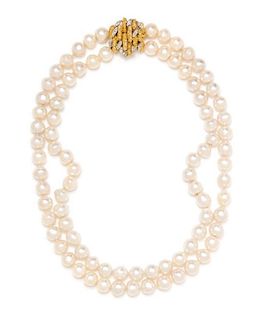 A Double Strand Cultured Baroque Pearl Necklace with 14 Karat Bicolor Gold and Diamond Clasp,