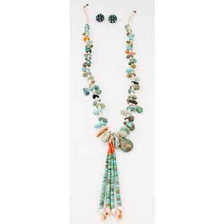 Pueblo Style Turquoise Nugget and Heishi Bead Necklace PLUS Zuni Turquoise and Silver Earrings
