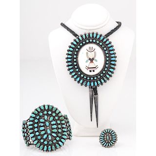 Zuni Needle Point Bolo, Cuff Bracelet and Ring