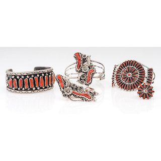 Zuni and Navajo Coral Inlaid Bracelets and Ring