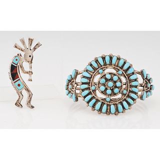 Zuni Sterling Silver and Turquoise Needle Point Cluster Bracelet PLUS Zuni Sterling Silver Kokopelli Pendant / Brooch