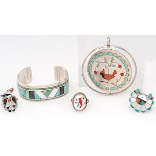 Zuni Swivel Pendant, Bracelet and Various Rings