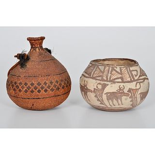 Zuni Pottery Jar PLUS Basket Canteen with Remnants of Pitch