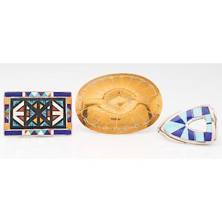 Southwestern Style Brass and Colorful Inlaid Belt Buckles; from the Estate of Lorraine Abell (New Jersey, 1929-2015)