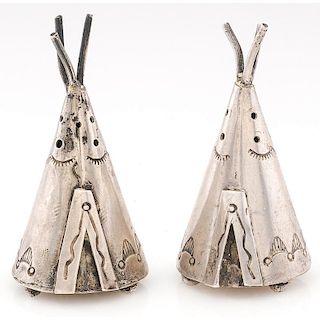 Stamped Silver Curio Tipi Salt and Pepper Shakers