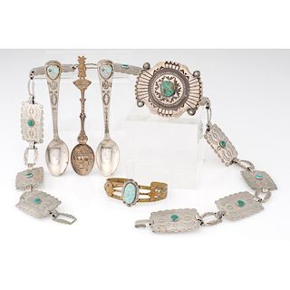 Lindberg and Eva Billah (Dine, 20th century) Navajo Silver Pin PLUS Souvenir Spoons and Jewelry