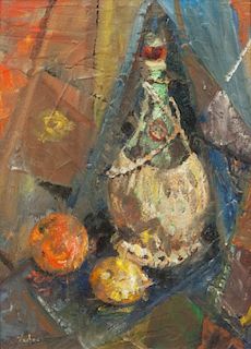 Max Kuehne, (American, 1880-1968), Still Life of Bottle and Fruit
