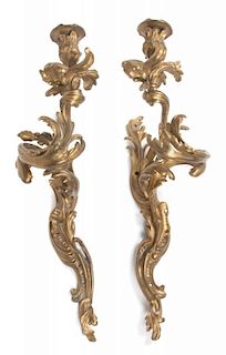 A Pair of Louis XV Style Gilt Metal Single-Light Sconces Height 19 inches.