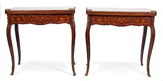 A Pair of Louis XV Style Gilt Metal Mounted Marquetry Flip-Top Side Tables Height 31 x width 31 x depth 16 (closed) inches.