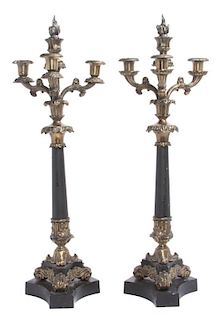 A Pair of Gilt Metal Three-Light Candelabra Height 24 inches.