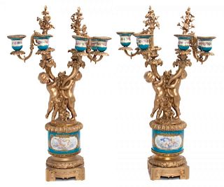 A Pair of Sevres Style Figural Six-Light Candelabra Height 23 3/4 inches.