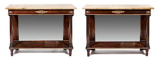 A Pair of Empire Style Marble Top Console Tables Height 44 3/4 x width 33 x depth 14 inches.