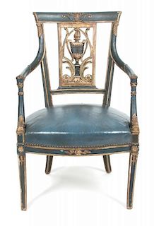 A Swedish Neoclassical Parcel Gilt Fauteuil Height 34 1/2 inches.