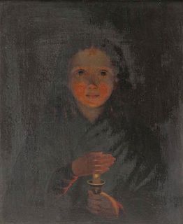 19th Century Oil on Panel. Girl with Candle.