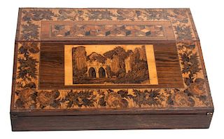 An English Turnbridge Decorated Lap Desk Height 3 x width 14 x depth 10 3/4 inches.