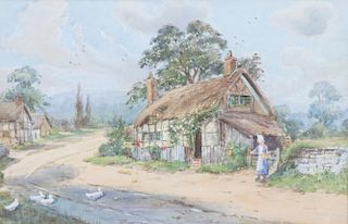 Cecil Bradley, (Late 19th/early 20th century), Two works: Cottage with Figures and Cottage