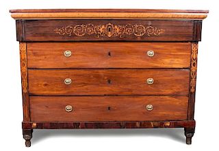 An English Marquetry Decorated Chest of Drawers Height 39 x width 53 x depth 24 inches.