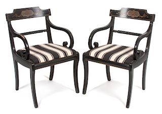 A Pair of Regency Style Painted Armchairs Height 34 inches.