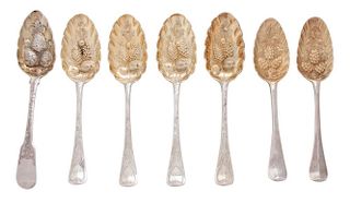 A Collection of Seven English Silver Berry Spoons, Various Makers,