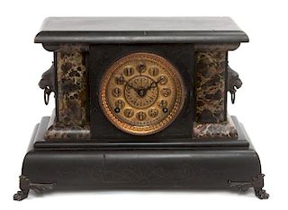 A Victorian Faux Slate and Marble Mantle Clock Height 11 x width 16 1/2 x depth 7 inches.