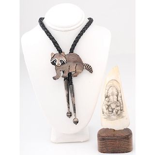 Racoon Bolo PLUS Carved Walrus Ivory Trinket