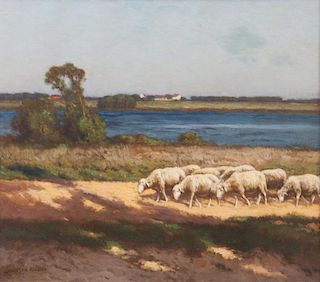 Carleton Wiggins, (American, 1848-1932), Sheep on Riverbank