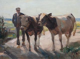 Hermann Sattler, (German, 1892-1945), Worker with Two Cows