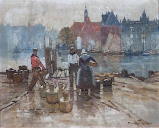 Artist Unknown, (Late 19th/early 20th century), Dutch Wharf Scene with Figures