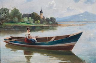 Alfred Schonian, (German, 1856-1936), Mother Holding Child in Skiff on Pond