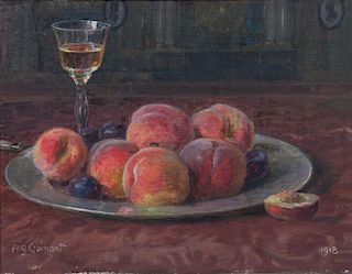 August Croissant, (German, 1870-1941), Still Life of Peaches and Glass of Wine, 1918