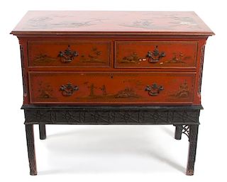 An Asian Lacquered Chest on Stand Height overall 33 3/4 x width 40 x depth 19 3/4 inches.