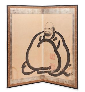 A Japanese Two-Panel Screen of Daruma 61 x 60 inches.